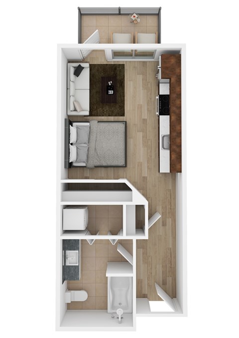 A top-down view of a small, modern apartment with a kitchen, living room, and bathroom.